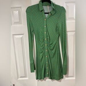 Free People Teal Patterned Long Sleeve Dress